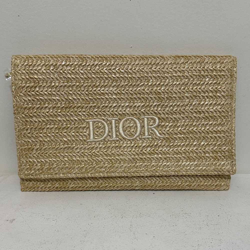 Dior Natural Beige Straw Clutch with White Logo